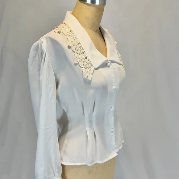 VINTAGE crochet floral lace collar blouse button down tailored lightweight 90s - Picture 4 of 17